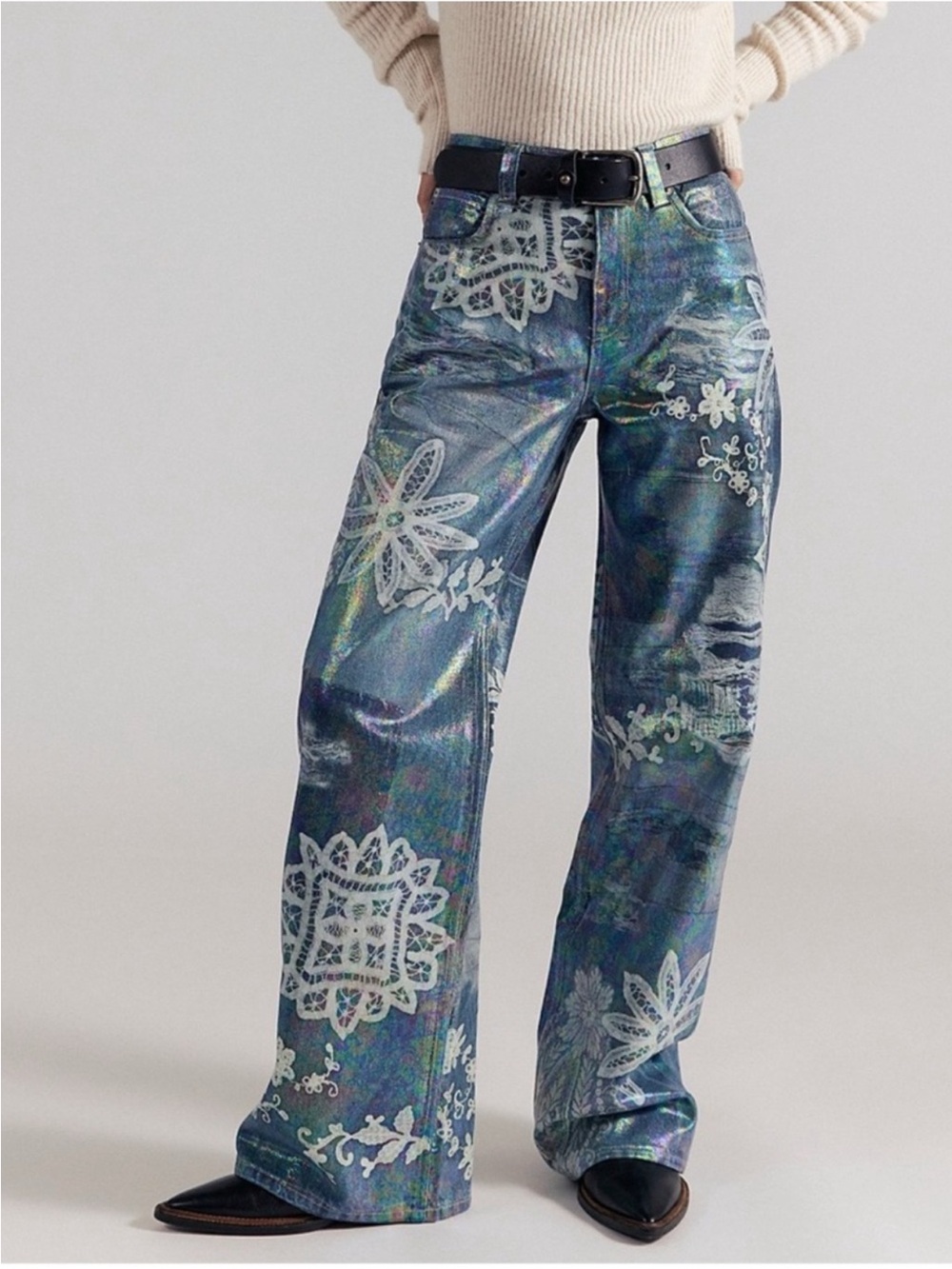NWT Free People We The Free Tinsley Printed Jeans Illusions Hologram 28